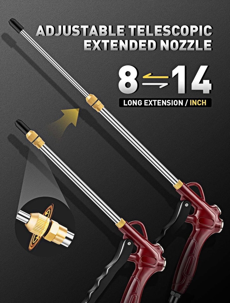 EVOULTES High Flow Air Blow Gun with Adjustable 8-14 Inch Extension, Upgraded Red Air Nozzle Blower w/Powerful Venturi Nozzle & 1/4'' Standard Quick Plug, Dust Cleaning Gun for Air Compressor Accessories - Image 2